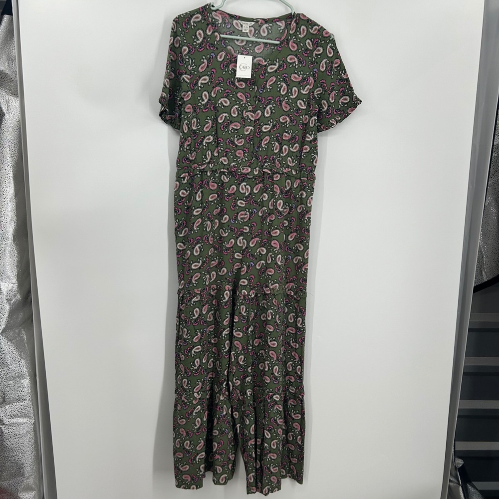 Charlotte by Cato Girls XL 18 Olivine Green Paisley Tiered Wide Leg Jumpsuit NWT